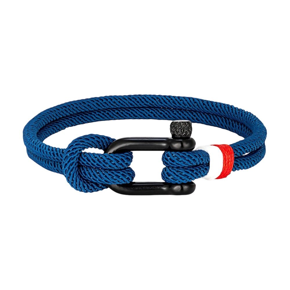 Bracelet cordon, à manille, mousqueton noir avec détail rouge et blanc, modèle Elmire