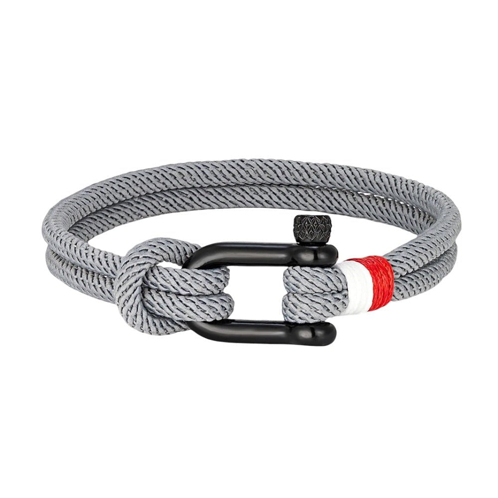 Bracelet cordon, à manille, mousqueton noir avec détail rouge et blanc, modèle Elmire