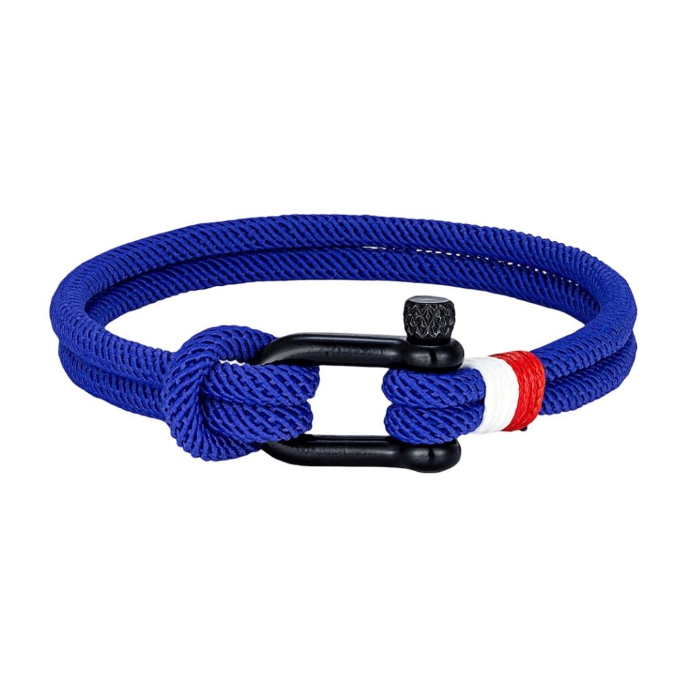 Bracelet cordon, à manille, mousqueton noir avec détail rouge et blanc, modèle Elmire