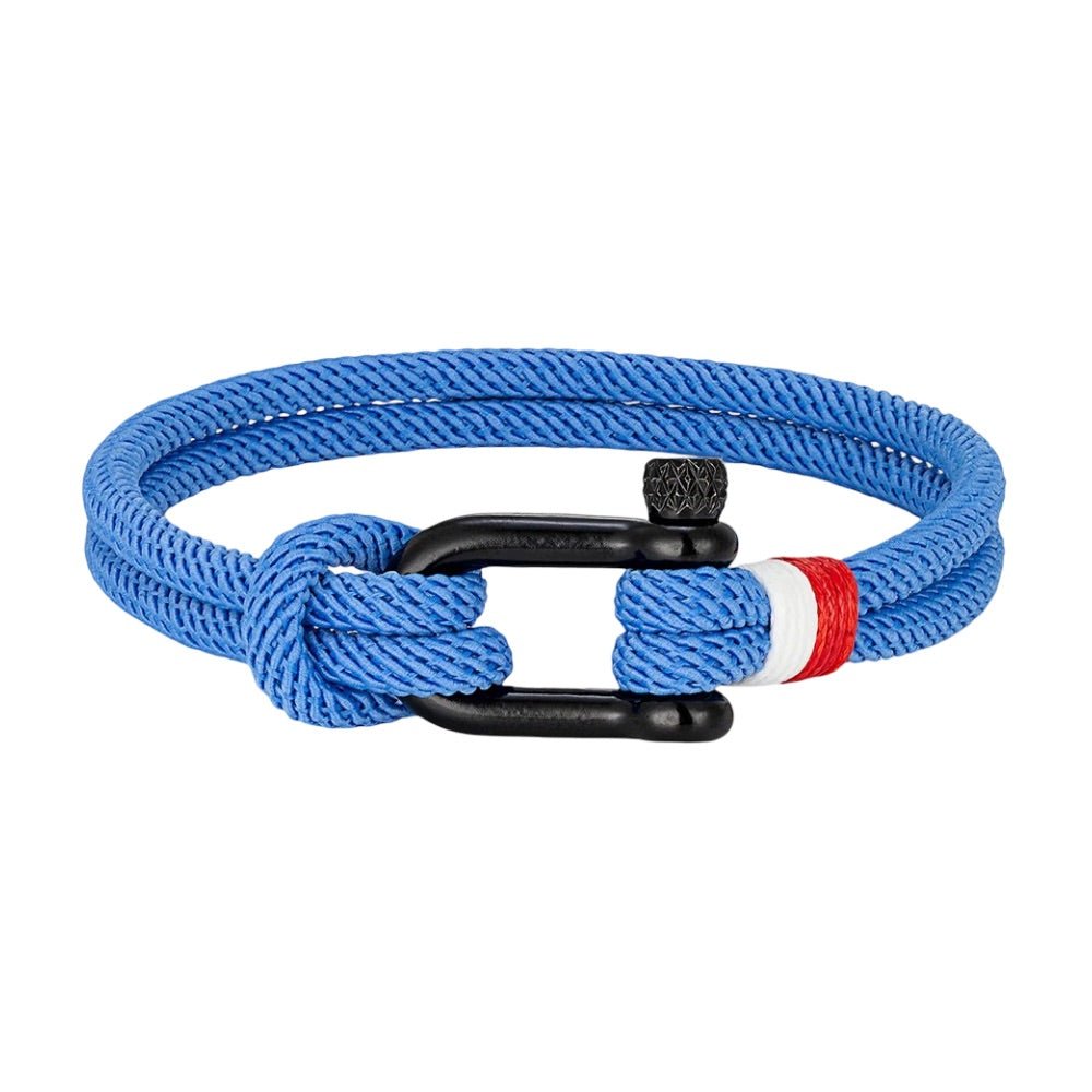 Bracelet cordon, à manille, mousqueton noir avec détail rouge et blanc, modèle Elmire