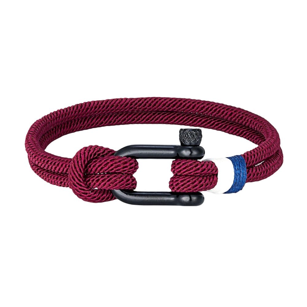 Bracelet cordon, à manille, mousqueton noir avec détail rouge et blanc, modèle Elmire