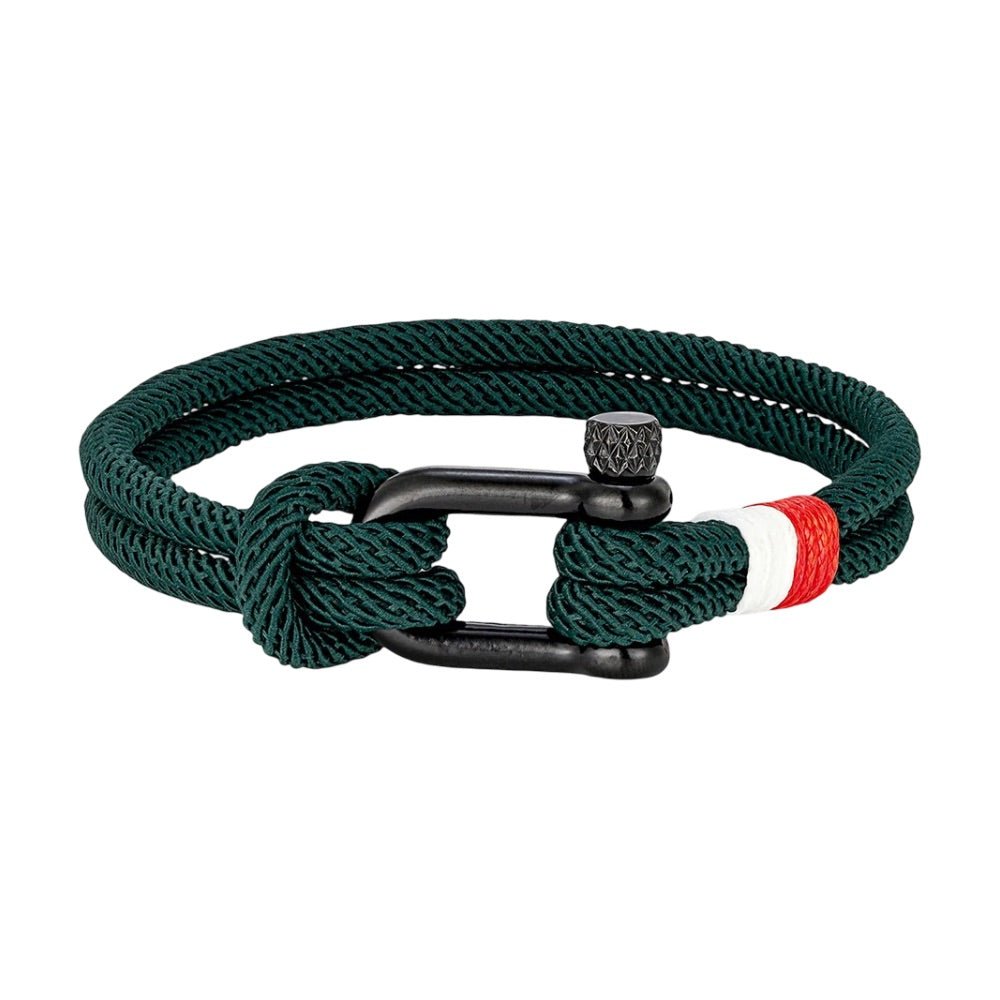 Bracelet cordon, à manille, mousqueton noir avec détail rouge et blanc, modèle Elmire
