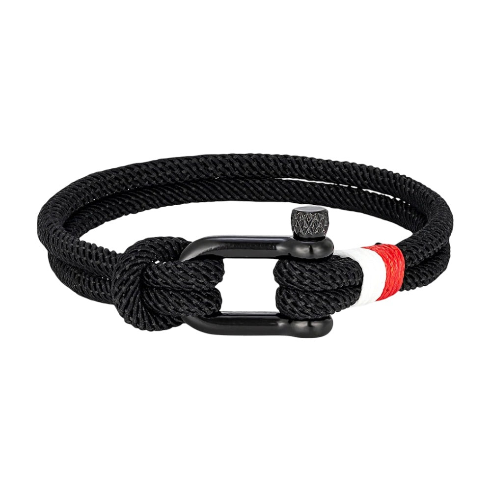 Bracelet cordon, à manille, mousqueton noir avec détail rouge et blanc, modèle Elmire
