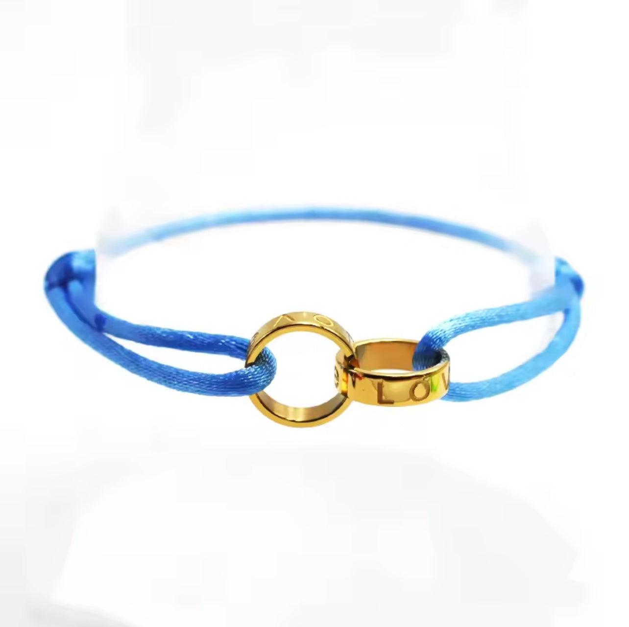 Bracelet en corde bleu “Love” & anneau doré – Élégance et sérénité au poignet