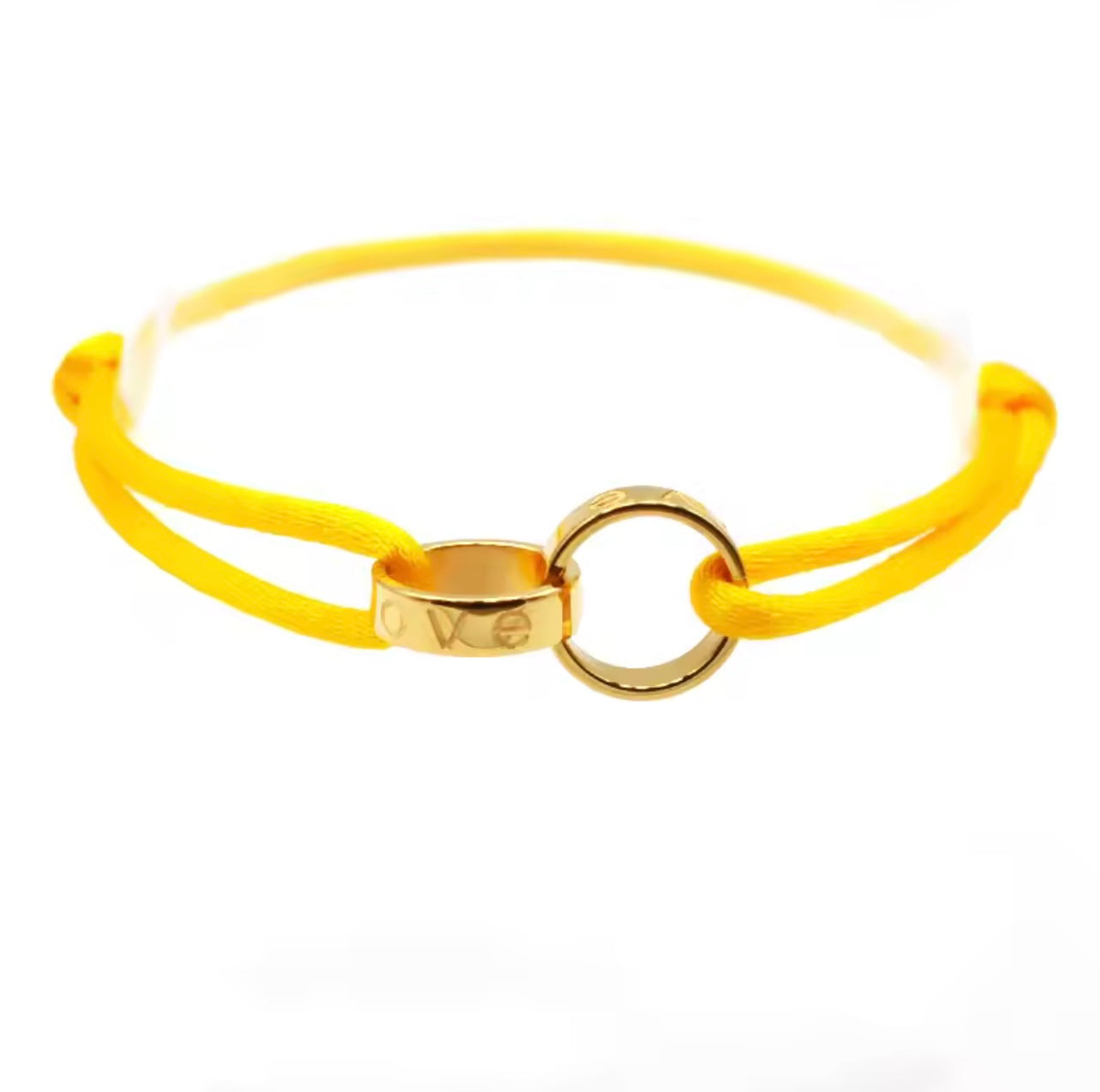 Bracelet en corde jaune “Love” & anneau doré – Éclat solaire et élégance intemporelle