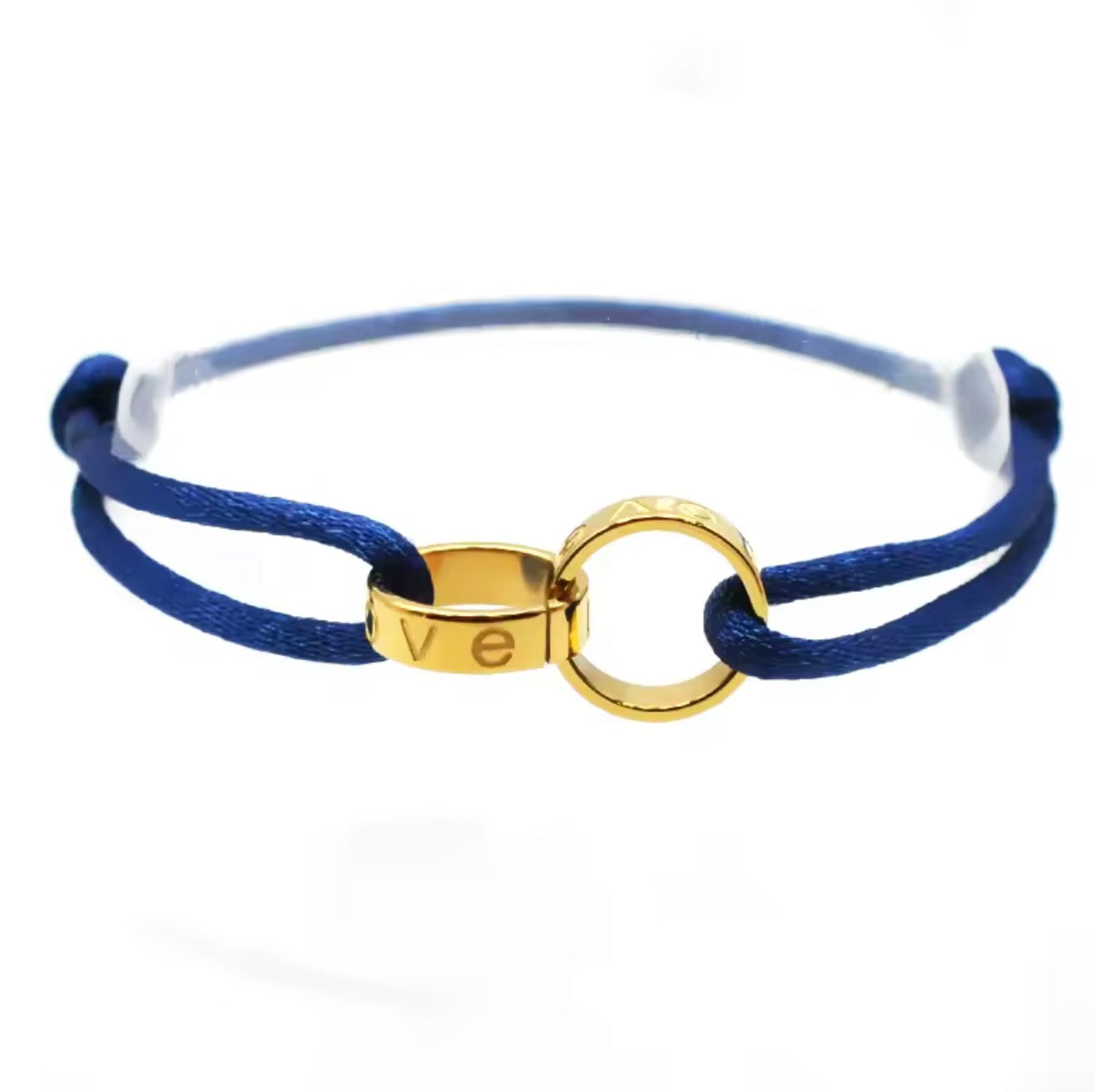 Bracelet en corde bleu marine “Love” & anneau doré – Élégance marine et style intemporel