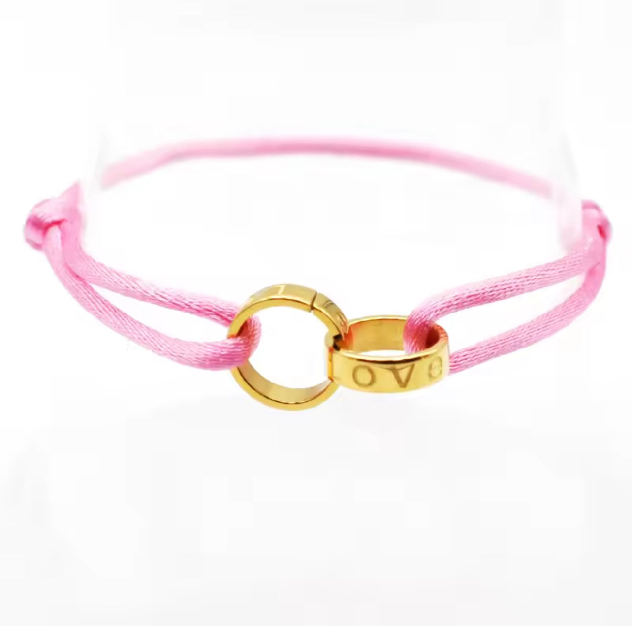 Bracelet en corde rose “Love” & anneau doré – Douceur et élégance féminine