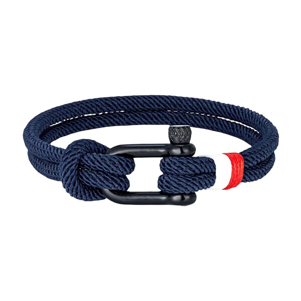 Bracelet cordon, à manille, mousqueton noir avec détail rouge et blanc, modèle Elmire