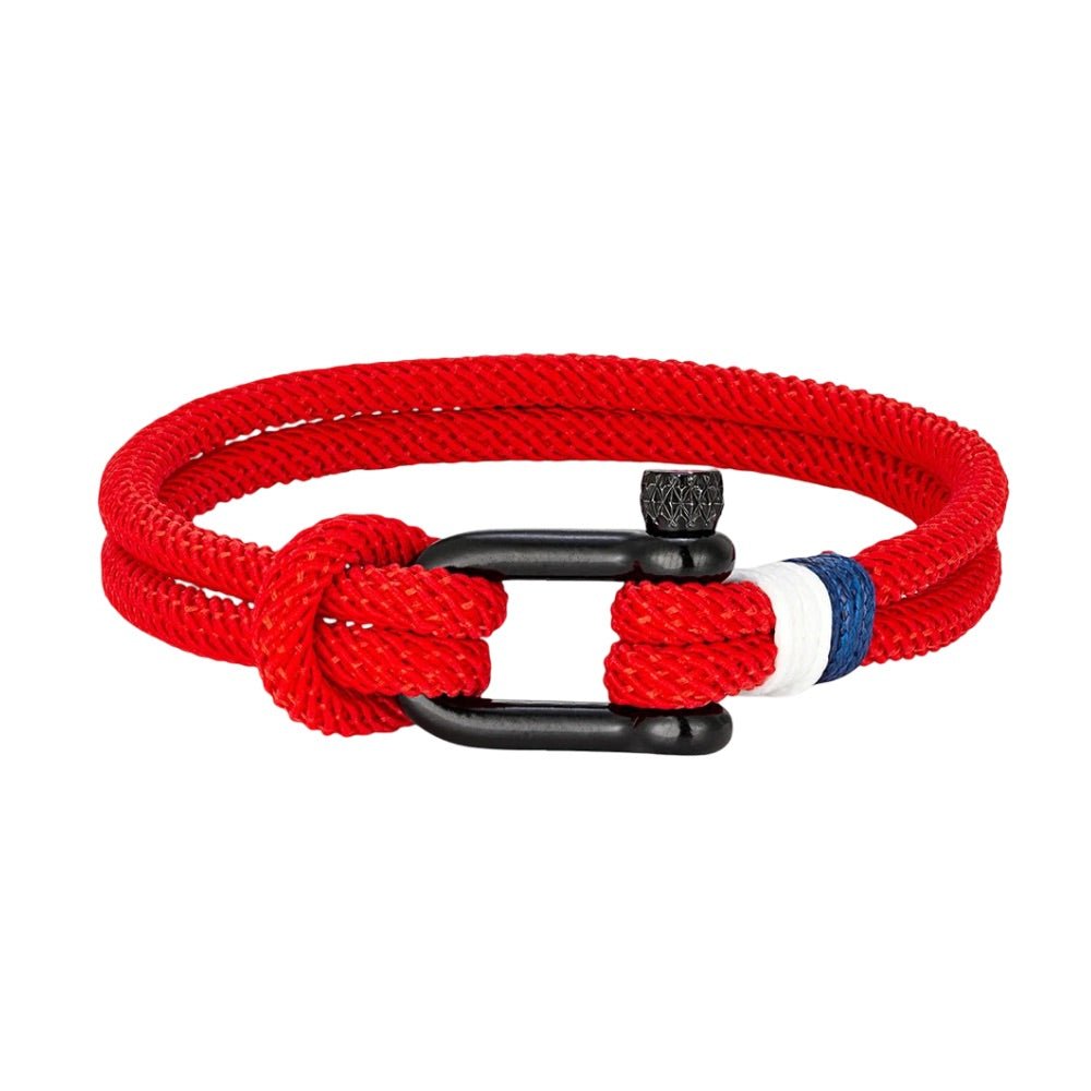 Bracelet cordon, à manille, mousqueton noir avec détail rouge et blanc, modèle Elmire